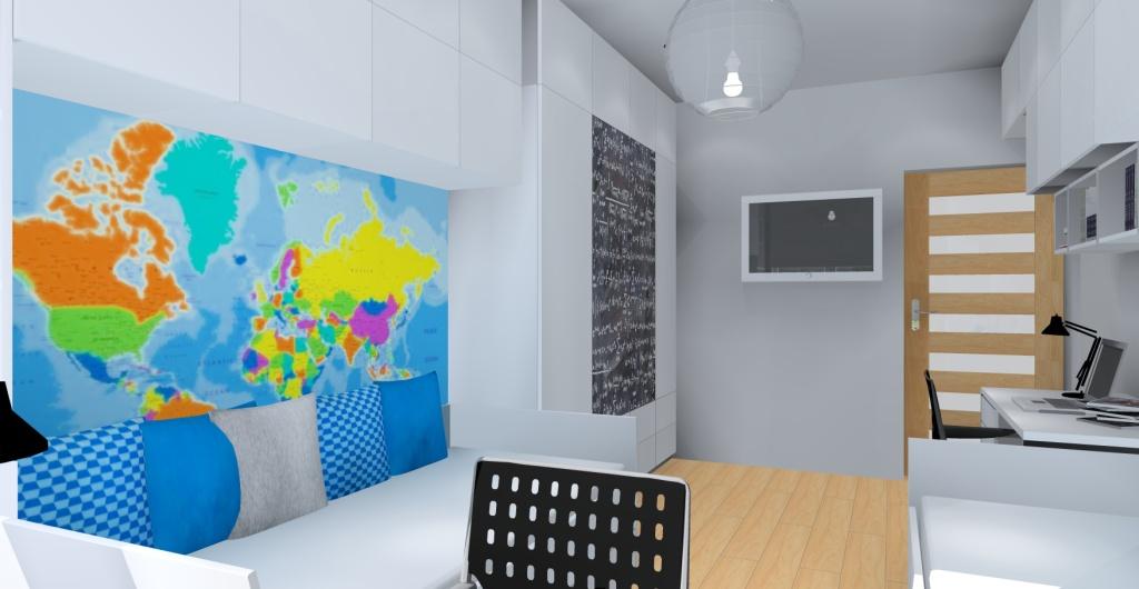 Projekt pokoju dla rodzeństwa, mapa nad łóżkiem, telewizor w pokoju, szafa pomalowana farba tablicową